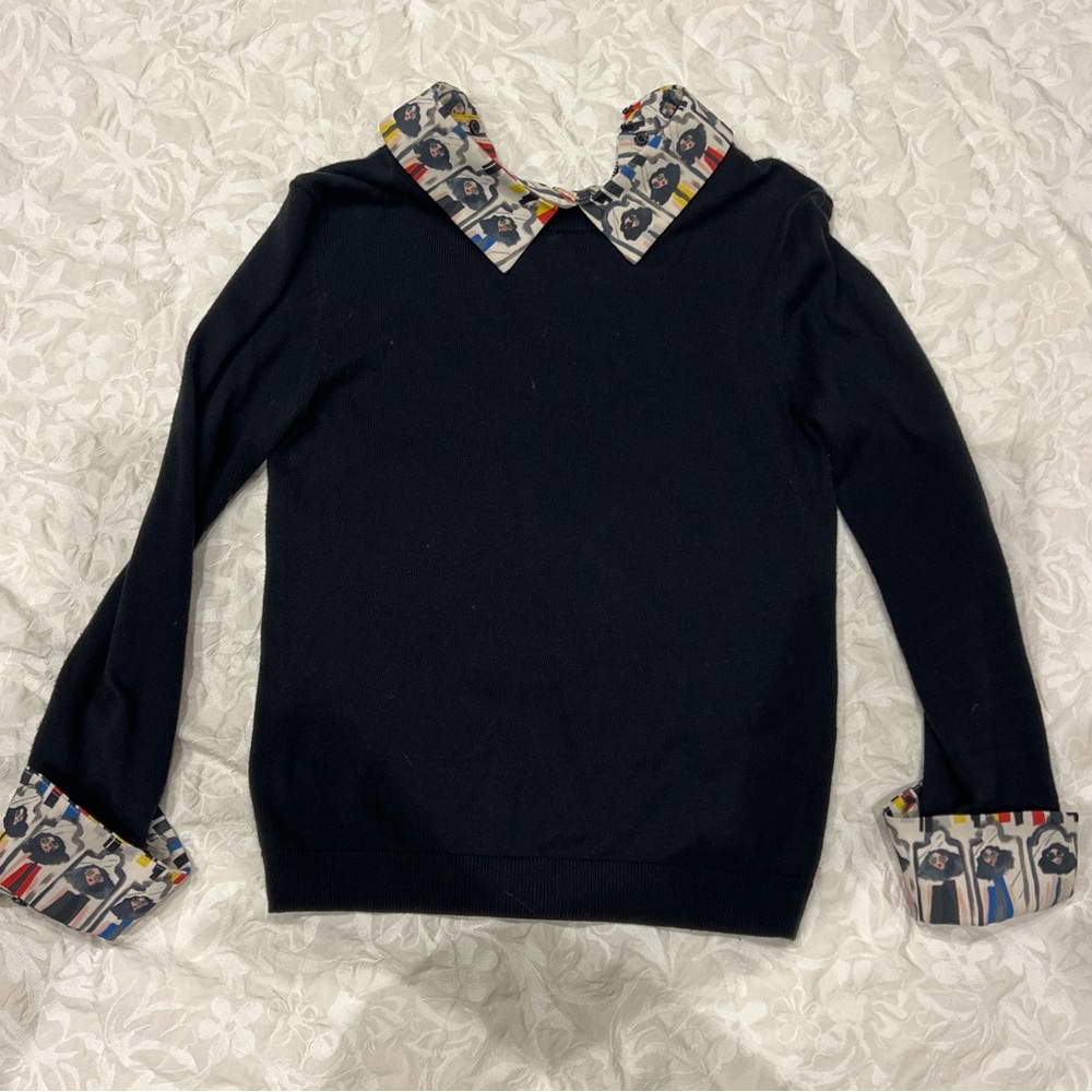 Alice + Olivia Women's Black Sweater with Patterned Collar and Cuffs